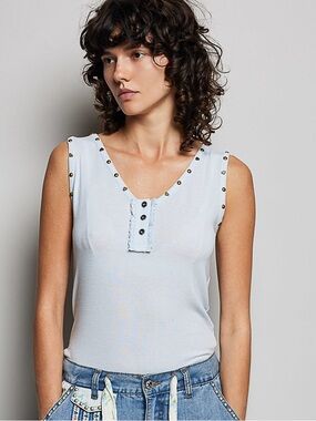 🩵Hello Gorgeous! POL Studded Trim Button-Front Ruffle Detail Tank - Baby Blue